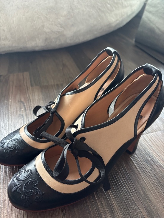 John Fluevog Shoes - John Fluevog Black and Cream T‑Strap Mary Jane Heels with Bow